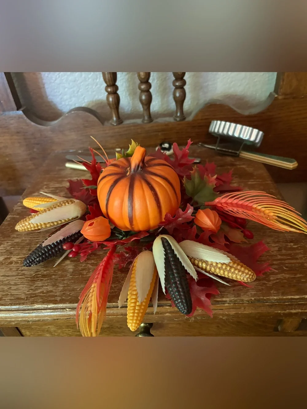 Vintage Blow Mold Fall Pumpkin Centerpiece with Red and Orange Accents